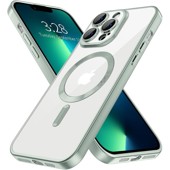 KAFEN-Magnetic Clear for iPhone 13 Pro Max Case with Camera Lens Protector [Compatible with MagSafe] Plating Edge Slim Soft TPU Cover Protective Phone Case for iPhone 13 Pro Max 6.7", Matte Mint