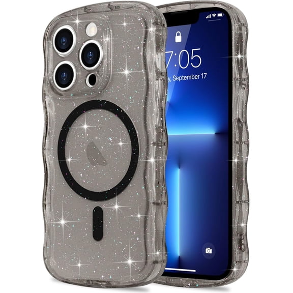 KAFEN-Magnetic for iPhone 13 Pro Max Case Clear, Sparkly Bling Glitter Cute Curly Wave Cover for Women Men Compatible with MagSafe TPU Shockproof Protective Phone Case for iPhone 13 Pro Max, Black