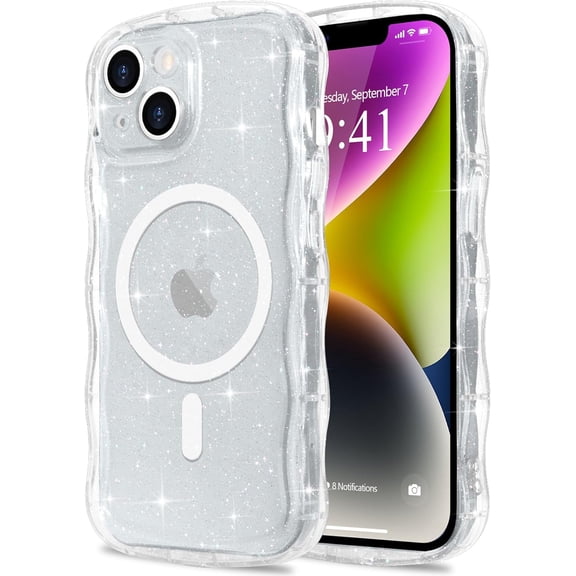 KAFEN-Magnetic for iPhone 14/13 Case Clear, Sparkly Bling Glitter Cute Curly Wave Transparent Cover for Women Men Compatible with MagSafe Shockproof Protective Phone Case for iPhone 13/14, Mag Clear