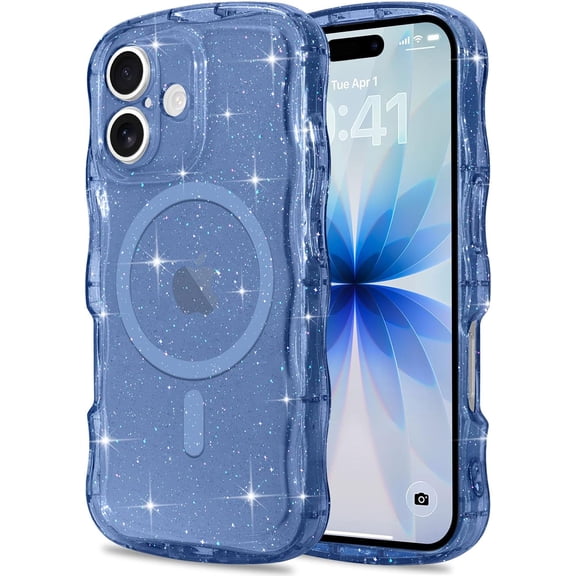KAFEN-Magnetic for iPhone 17 Case Clear, Sparkly Bling Glitter Cute Curly Wave Transparent Cover for Women Girls Compatible with MagSafe TPU Shockproof Protective Phone Case for iPhone 17, Deep Blue