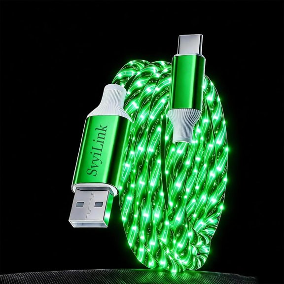 KAFEN-USB Cable PD Fast Charger Lighted Up (USB A TO C Starry Green)Mobile Phone Data Cable, Charging Cable, Supports Data Transfer, 39-inch, TPE Material, Compatible with Almost All Type-C Devices
