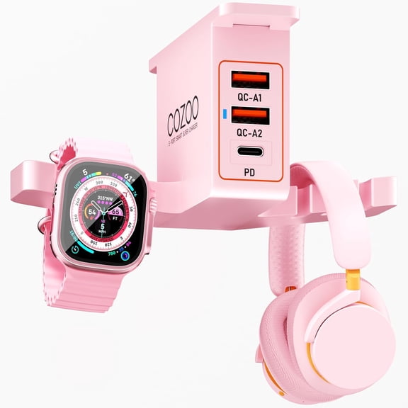 KAFEN-Under Desk Headphone Stand with Charging Station,Dual Headset Hooks, 2 QC3.0 USB A Ports & 20W PD USB C Port, Smart Watch Dock, Cable Management Organizer, Headset Holder Mount for Office Gamin