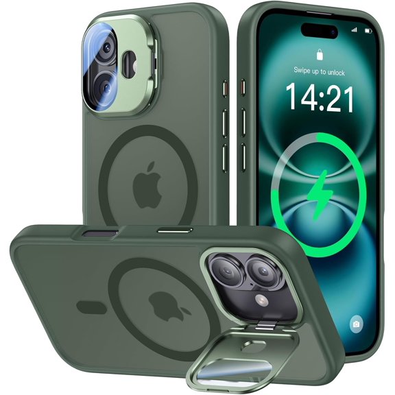 KAFEN-[Upgraded] for iPhone 16 Case with Camera Cover Stand [Fit for MagSafe][9H Camera Lens Protector] Mil-Grade Protection Translucent Matte Silicone Magnetic iPhone 16 Phone Case, Green