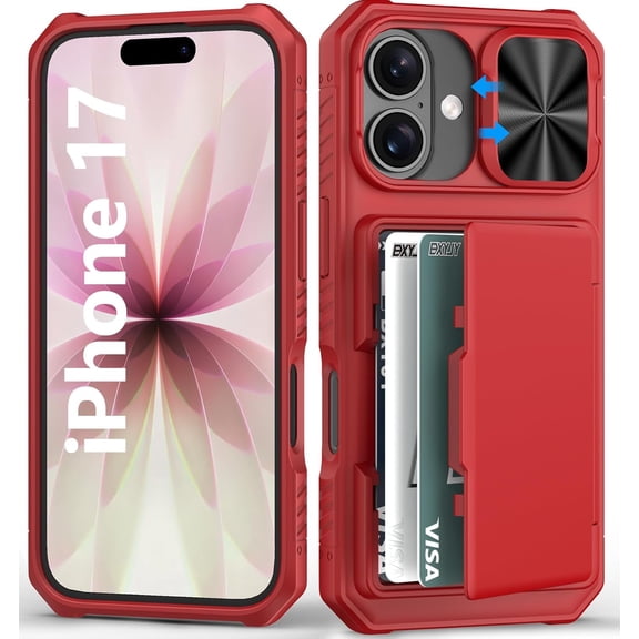 KAFEN-Wallet Case for iPhone 17, Card Holder (4-5 Cards), Slide Camera Cover, Military Grade Protection, Heavy Duty Shockproof Women Girly Men Protective Phone Cover for iPhone 17 6.3" 2025, Red