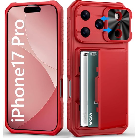 KAFEN-Wallet Case for iPhone 17 Pro, Card Holder (4-5 Cards), Slide Camera Cover, Military Grade Protection, Heavy Duty Women Girly Men Protective Phone Cover for iPhone 17 Pro 6.3" 2025, Red