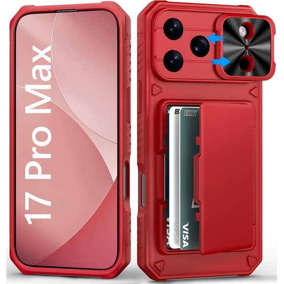 KAFEN-Wallet Case for iPhone 17 Pro Max, Card Holder (4-5 Cards), Slide Camera Cover, Daily Drop Protection, Heavy Duty Women Girly Men Protective Phone Cover for iPhone 17 Pro Max 6.9" 2025, Red