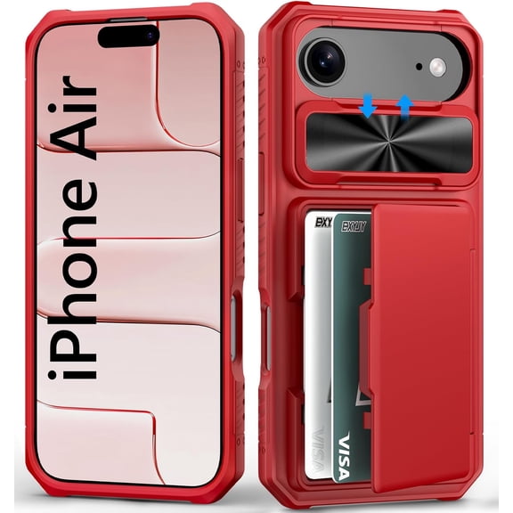 KAFEN-Wallet Case for iPhone Air, Card Holder (4-5 Cards), Slide Camera Cover, Military Grade Protection, Heavy Duty Shockproof Women Girly Men Protective Phone Cover for iPhone Air 6.5" 2025, Red