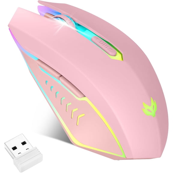 KAFEN-Wireless Gaming Mouse, Rechargeable Computer Mouse, 7-Color LED Light, Ergonomic Mouse with 6 Silent Click Buttons, 3 Adjustable 2400 DPI Wireless Mouse for Laptop,PC,Mac, Pink