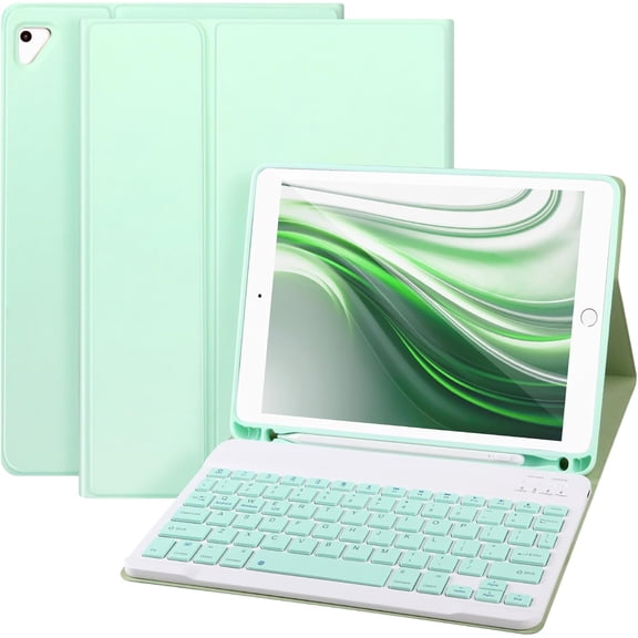 KAFEN-for iPad 6/5th Generation Case with Keyboard 2018/2017,Detachable Bluetooth Keyboard case for iPad Air 2/1,iPad Keyboard Case 9.7 inch with Pencil Holder,Square Keycaps,Green