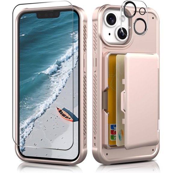 KAFEN-for iPhone 14 Case Wallet, with Screen Protector + Camera Lens Protector, Card Holder & Mirror Protective Shockproof Phone Case, Slim Thin Cover Designed for iPhone 14 6.1" - Rose Gold