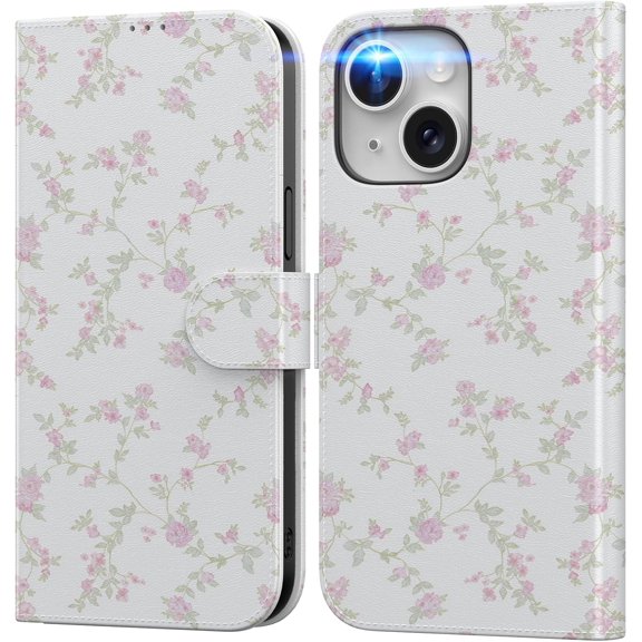 KAFEN-for iPhone 15 Plus Wallet Case with Card Holder + Cash Clip, RFID-Blocking, Military-Grade Drop Protection & UV-Printed Artwork, Magnetic Closure with Leather Kickstand - Pink Petite Blossom