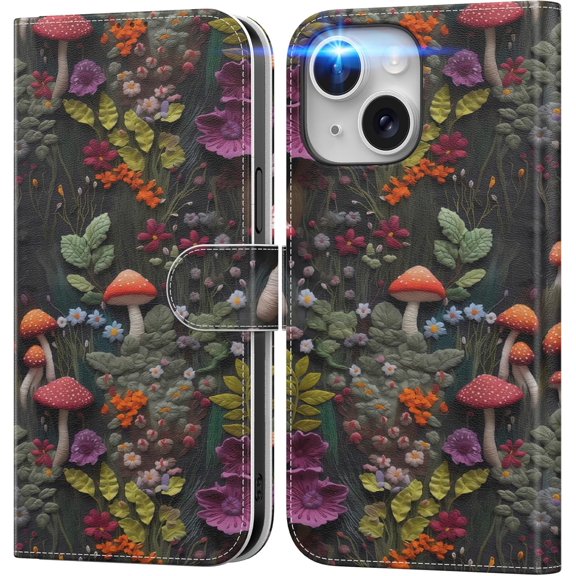 KAFEN-for iPhone 15 Plus Wallet Case with Card Holder + Cash Clip, RFID-Blocking, Military-Grade Protection & UV-Printed Artwork, Magnetic Closure with Leather Kickstand - Enchanted Woodland Motif