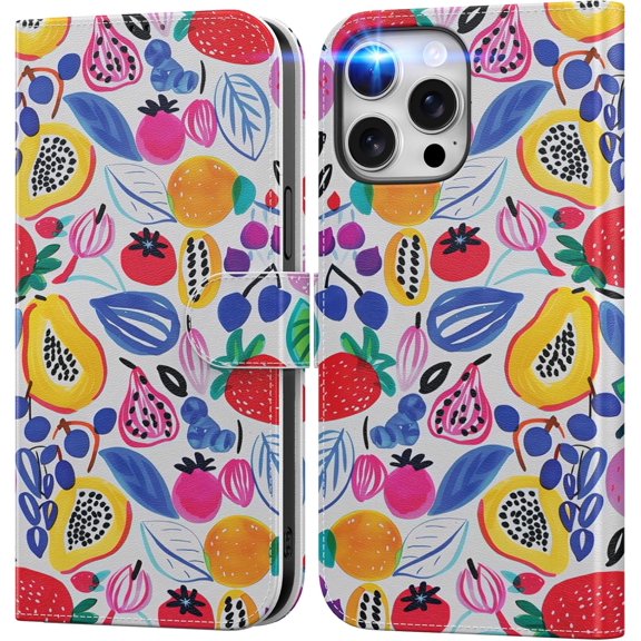 KAFEN-for iPhone 15 Pro Wallet Case with Card Holder + Cash Clip, RFID-Blocking, Military-Grade Drop Protection & UV-Printed Artwork, Magnetic Closure with Leather Kickstand - Playful Fruit Doodles