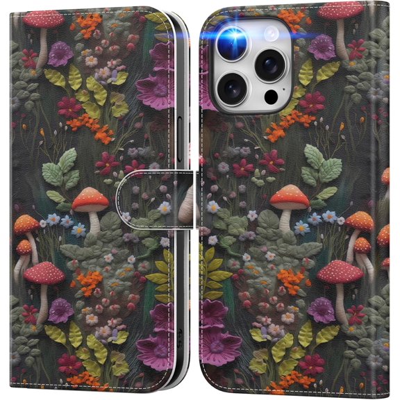 KAFEN-for iPhone 15 Pro Wallet Case with Card Holder + Cash Clip, RFID-Blocking, Military-Grade Protection & UV-Printed Artwork, Magnetic Closure with Leather Kickstand - Enchanted Woodland Motif