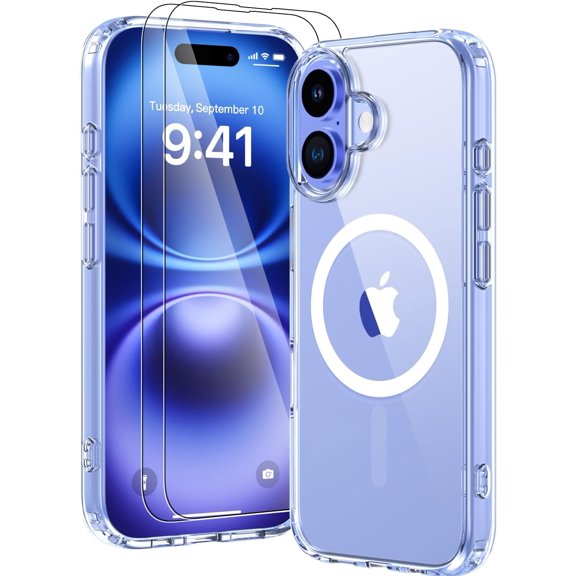KAFEN-for iPhone 16 Case,Slim Clear Magnetic Protective Cover,(Compatible with MagSafe),Military-Grade Shockproof Anti-Yellowing Protection,with 2X Screen Protectors,Transparent for 6.1"