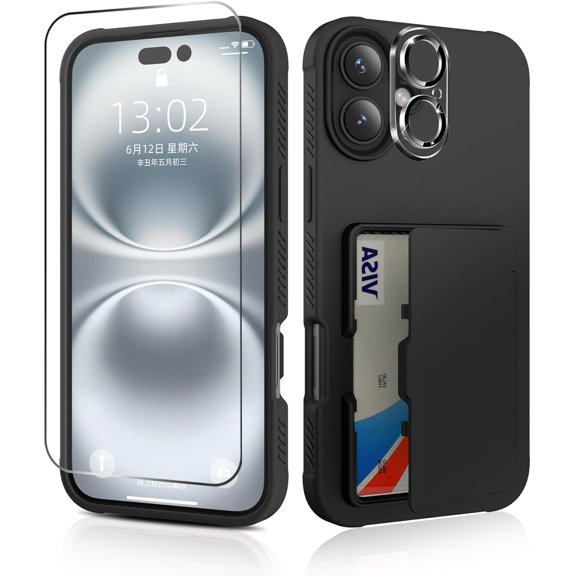 KAFEN-for iPhone 16 Plus Case Wallet, with Screen Protector + Camera Lens Protector, Card Holder & Mirror Protective Shockproof Phone Case, Slim Fit Cover Designed for iPhone 16Plus 6.7" - Black