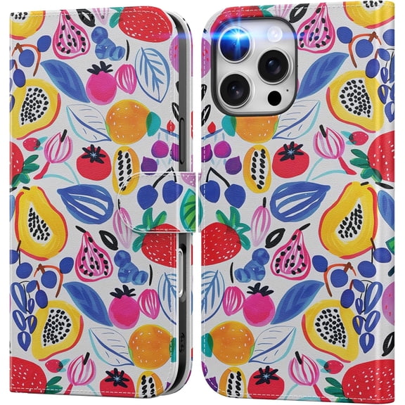 KAFEN-for iPhone 16 Pro Wallet Case with Card Holder + Cash Clip, RFID-Blocking, Military-Grade Drop Protection & UV-Printed Artwork, Magnetic Closure with Leather Kickstand - Playful Fruit Doodles