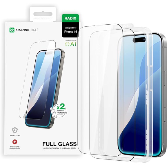 KAFEN-for iPhone 16 [Radix - Full Glass] Screen Protector, Ultra Clear, 9H Tempered Glass, Full Coverage, CaseFriendly, Oleophobic, Alignement Frame, 2 Pack