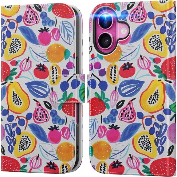 KAFEN-for iPhone 16 Wallet Case with Card Holder + Cash Clip, RFID-Blocking, Military-Grade Drop Protection & UV-Printed Artwork, Magnetic Closure with Leather Kickstand - Playful Fruit Doodles