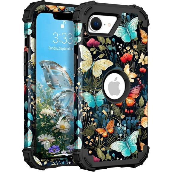 KAFEN-for iPhone 16e Case, Heavy Duty Shockproof Protection Hard Plastic+Silicone Rubber Hybrid Protective Phone Case for iPhone 16e 6.1" 2025 - Butterflies in Garden
