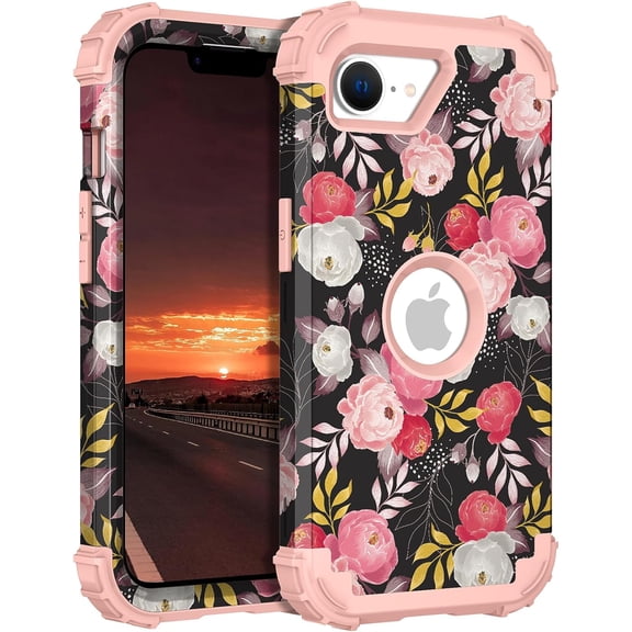 KAFEN-for iPhone 16e Case, Heavy Duty Shockproof Protection Hard Plastic+Silicone Rubber Hybrid Protective Phone Case for iPhone 16e 6.1" 2025 - Rose Blossom
