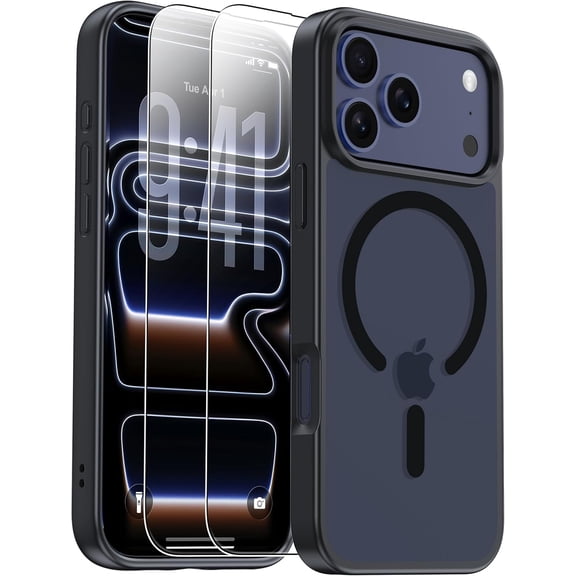 KAFEN-for iPhone 17 Pro Case [Compatible with Magsafe] 2X Screen Protector,Frosted Anti-Fingerprint Translucent Slim Cover, Military Grade Shockproof Protection, Matte Black for 6.3''