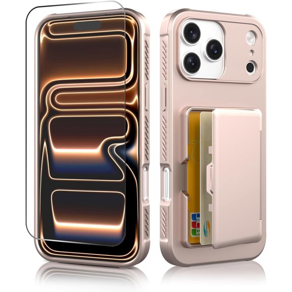 KAFEN-for iPhone 17 Pro Case Wallet, with Screen Protector, Built-in Card Holder & Mirror, Protective Shockproof Phone Case, Slim Fit Cover Designed for iPhone 17 Pro - Rose Gold