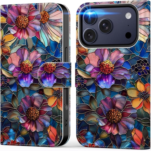 KAFEN-for iPhone 17 Pro Max Wallet Case with Card Holder + Cash Clip, RFID-Blocking, Military-Grade Drop Protection & UV-Printed Artwork, Magnetic Closure with Kickstand - Vibrant Defined Blossoms