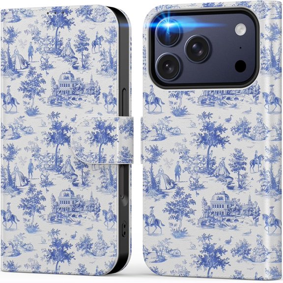 KAFEN-for iPhone 17 Pro Wallet Case with Card Holder + Cash Clip, RFID-Blocking, Military-Grade Drop Protection & UV-Printed Artwork, Magnetic Closure with Leather Kickstand - Vintage Toile Motifs