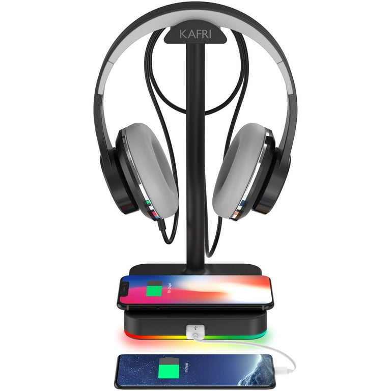 KAFRI RGB Headphone Stand with Wireless Charger Desk Gaming Headset Holder Hanger Rack with 10W 7.5W QI Charging Pad and QC 3.0 USB Port Suitable for Gamer Desktop Table Game Earphone Accessories