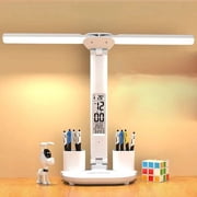KAGDIDA Double Head LED Desk Lamp with Clock and Temperature Display, for Home Office Bedroom White