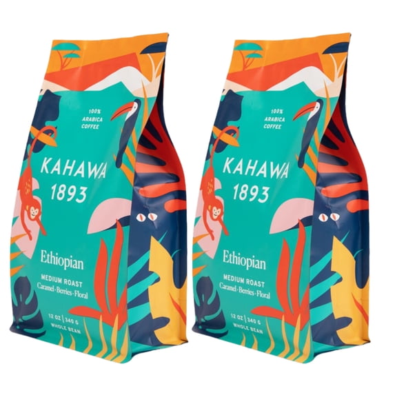 KAHAWA 1893 - Whole Coffee Beans - Ethiopian Blend - As Seen on Shark Tank - Medium Roast - Directly Farmer Sourced - Sun Dried Processed - Tasting Notes: Caramel, Berries & Floral – 2ct
