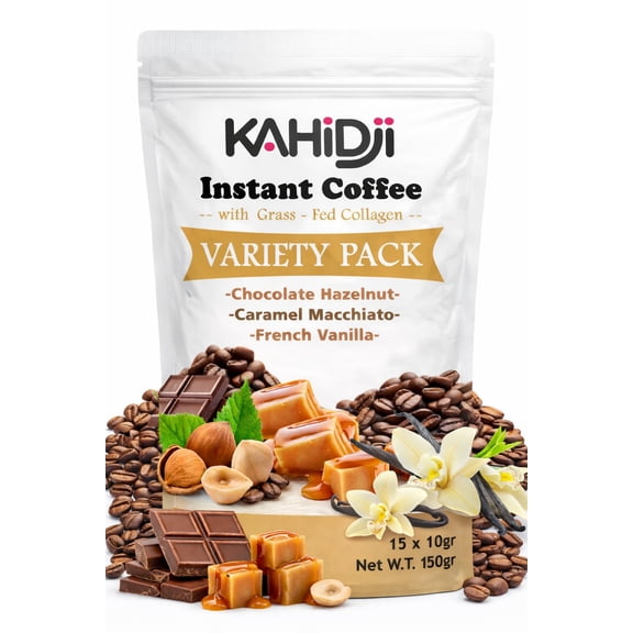 KAHIDJI Instant Coffee with Grass-Fed Collagen Variety Pack, 15 Sachets (10g Each)