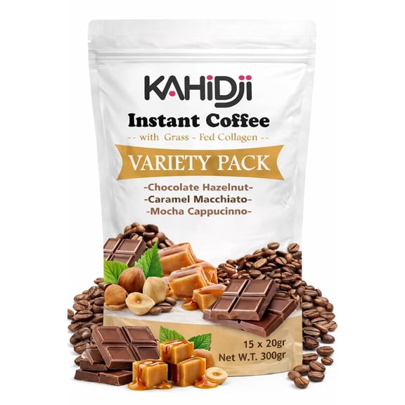 KAHIDJI Instant Coffee with Grass-Fed Collagen  Variety Pack, 15 Sachets (20g Each)
