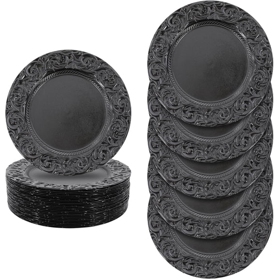 KAHYKLQI 50 Pcs Antique Charger Plates Bulk,13 Inch Black Embossed Rim Plastic Dinner Charger Plate Set,Decorative Round Server Floral Plates for Table Setting Wedding Party Event,Black