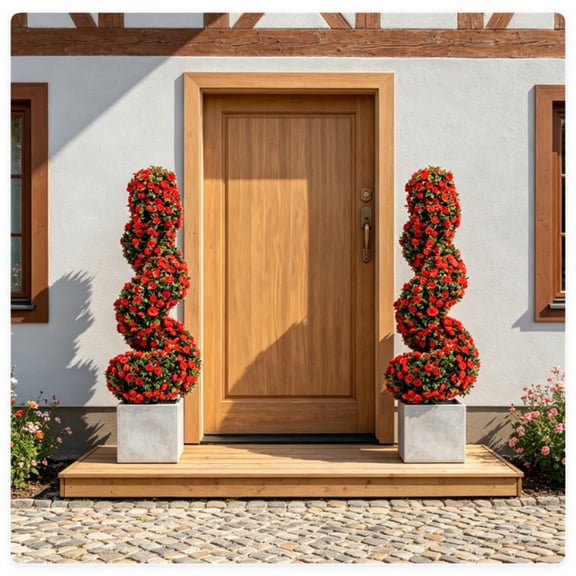 KAIFENG 2 Pack Lifelike Spiral Artificial Shrub With Red Blooms All Weather Decorative Faux Plant For Indoor Outdoor Garden Wedding
