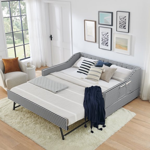 KAIFENG Black Tufted Button Convertible Daybed Three In One Pull Out Trundle Side Storage Compact Guest Sofa Bed