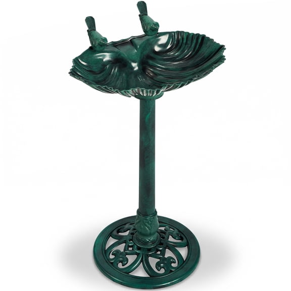 KAIFENG Dark Green Decorative Bird Bath With Shell Edge Design And Solar Powered Water Fountain For Outdoor Garden Yard