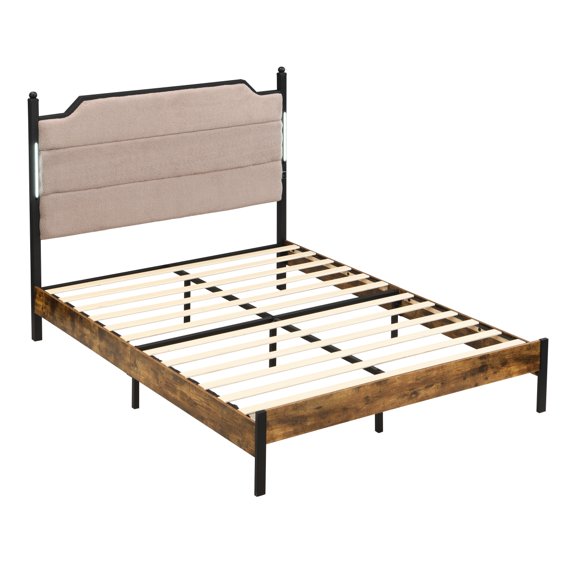 KAIFENG Light Pink Upholstered Platform Bed Frame Touch LED Headboard With Charging Ports Under Bed Storage
