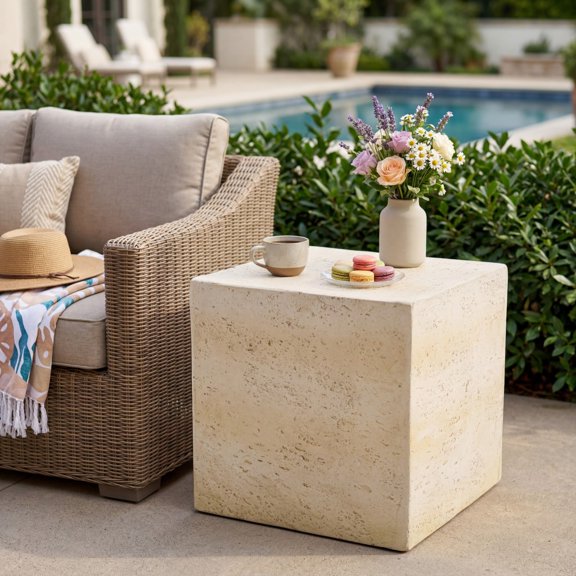 KAIFENG Light Tan Square Side Table Faux Travertine Textured Accent End Table Pre-Assembled Non-KD 80 lbs Load Capacity Indoor Outdoor Multi-Use Cube Stool Table