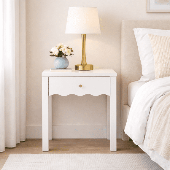 KAIFENG Minimalist White Curved Edge Nightstand Dual Storage Drawer And Lower Display Shelf