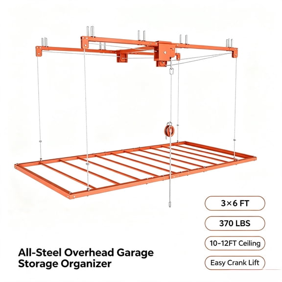 KAIFENG Orange 3x6 FT Garage Overhead Ceiling Storage Lift Rack 370 LBS Heavy Duty All Steel Garage Organizer Compatible with 10 to 12 Feet High Garage Ceiling