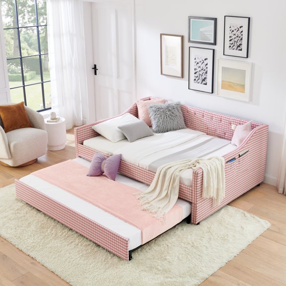 KAIFENG Pink Tufted Button Convertible Daybed Three In One Pull Out Trundle Side Storage Compact Guest Sofa Bed