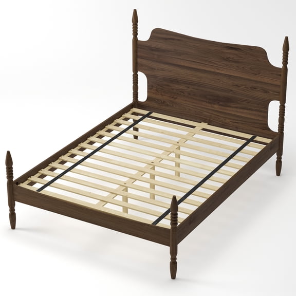 KAIFENG Walnut Finish Retro Four Poster Bed Frame With Curved Tall Headboard No Extra Foundation Required