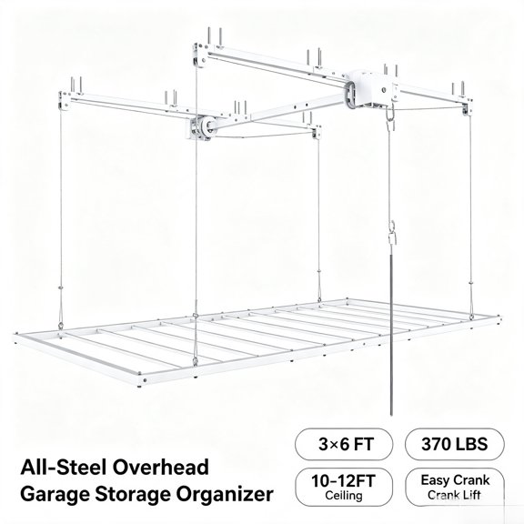 KAIFENG White 3x6 FT Garage Overhead Ceiling Storage Lift Rack 370 LBS Heavy Duty All Steel Garage Organizer Compatible with 10 to 12 Feet High Garage Ceiling