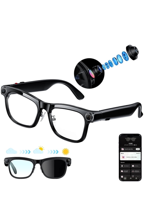 AI Smart Glasses with 13MP Camera, Real-Time Translation, Voice Assistant, Hands-Free 1080P Video, Open-Ear Audio, 3 Interchangeable Lenses