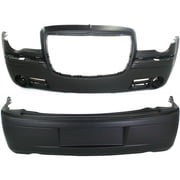 KAIHUIXING 2pcs Front & Rear Primed Plastic Bumper Cover Facials w/o Tow Hook Hole w/o Park Assist Sensor Cut-out for Chrysler 300 C 2005-2010 CH1100322 4805779AD