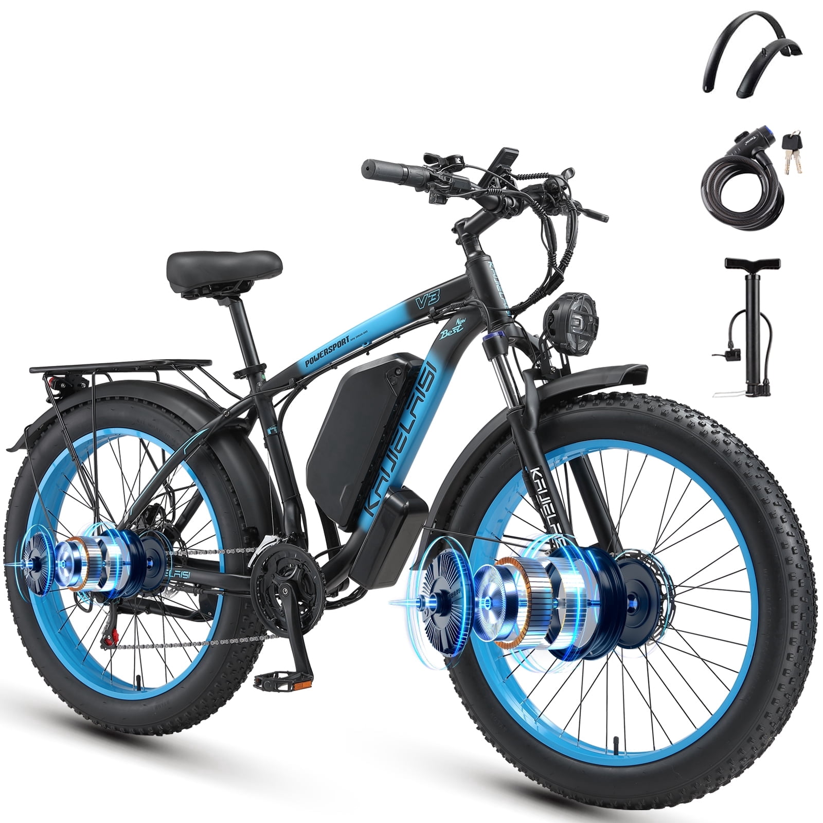 KAIJIELAISI 26" Fat Tire Electric Mountain Bike for Adults, AWD Dual Motor Electric Bicycles with 21-Speed Gear, Peak 3000W Ebike, 48V 23AH Removable Battery, Fast Dual Hydraulic Brakes, UL2849