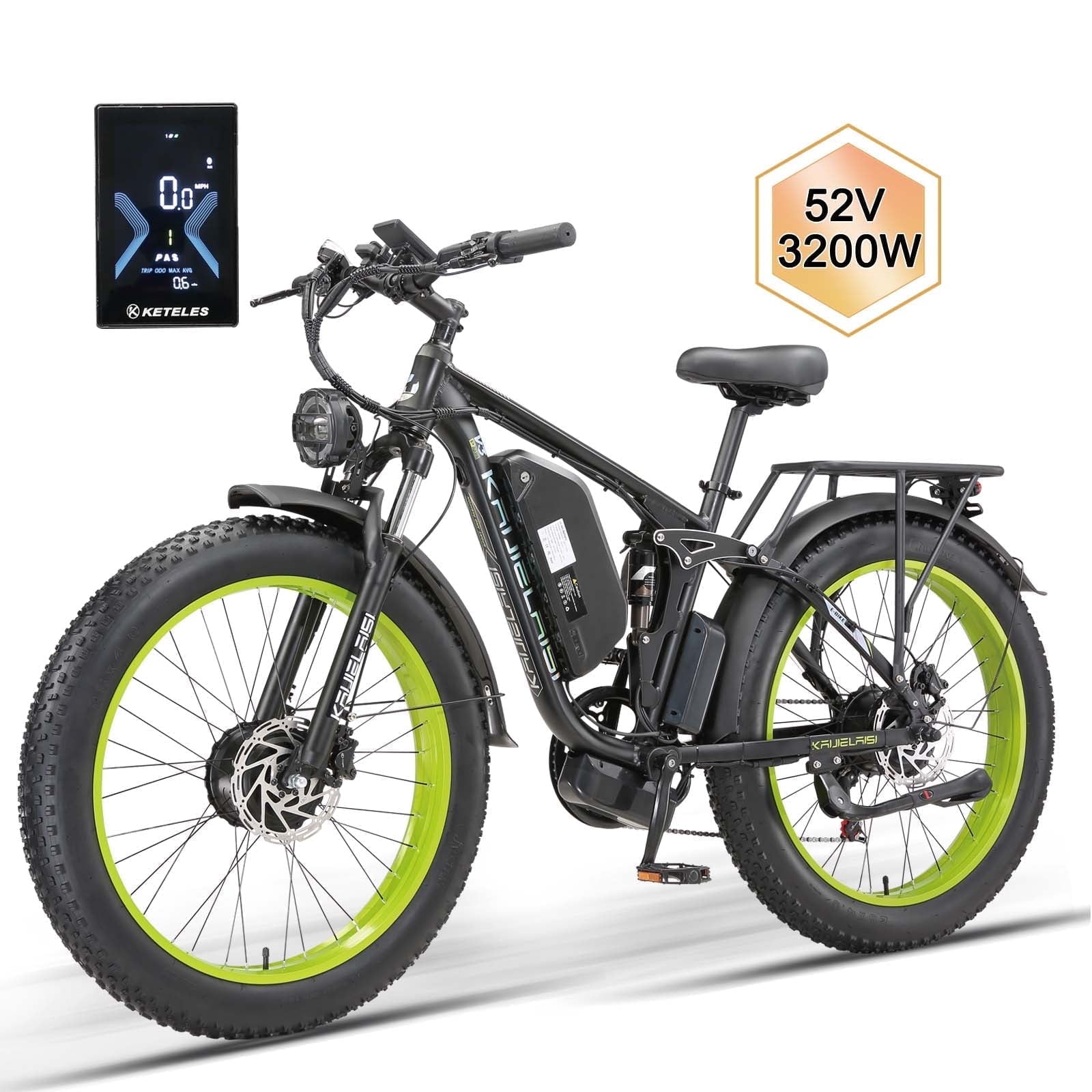 KAIJIELAISI Electric Bike for Adults,AWD Ebikes Dual Motor Peak 6000W, 26'' Fat Tire bikes with 52V 26AH Battery Hydraulic Brake ​​Electric Bicycle, 7 Speed Mountain EBike UL 2849.