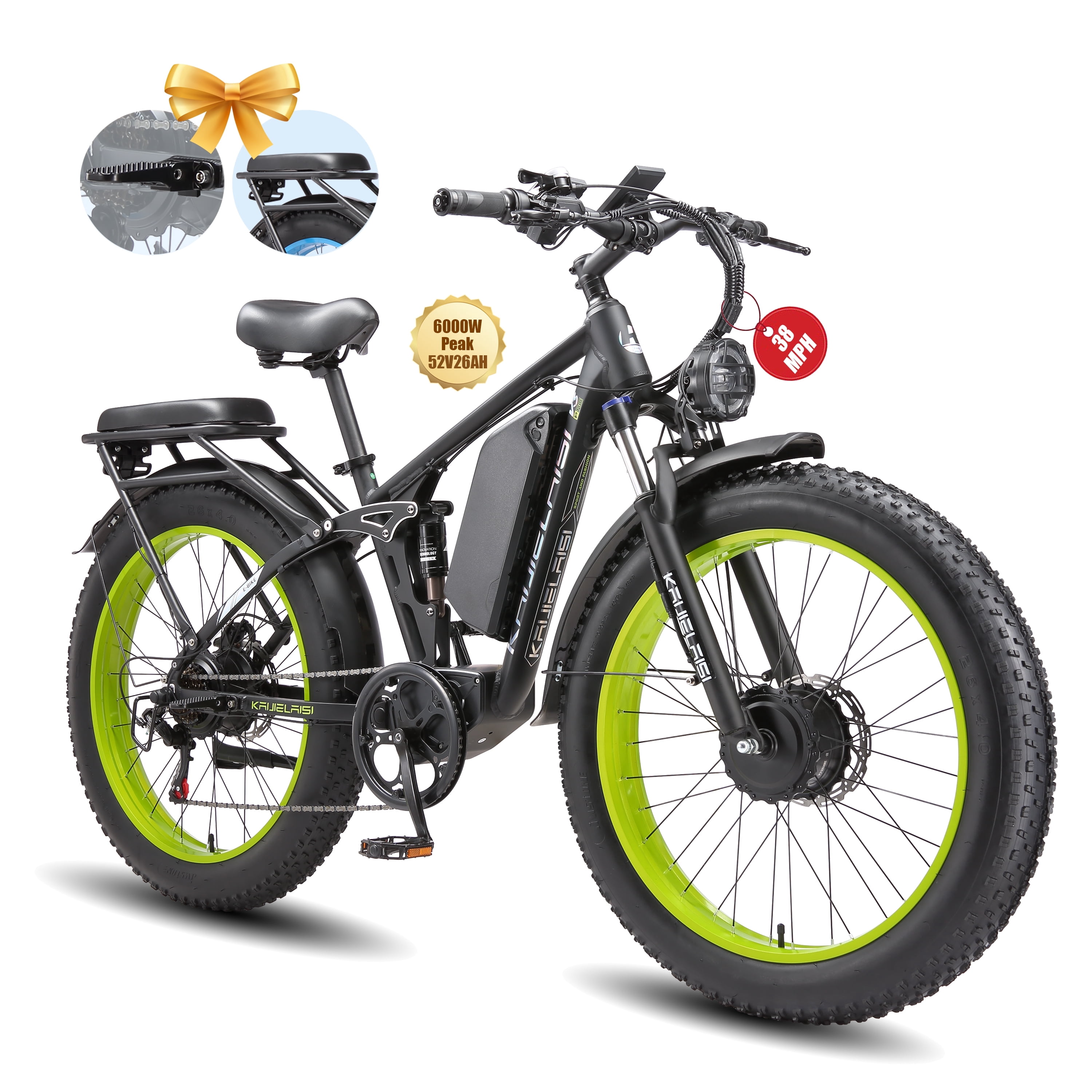 KAIJIELAISI Electric Bike for Adults Dual Motor AWD Mountain Electric Bicycles 52V 26AH Removable Lithium Battery, 26" 4.0 inch Fat Tire Ebike E-Bike for Adults UL2849.